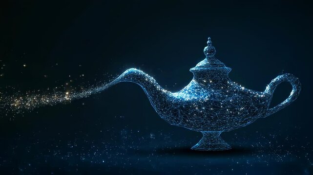 Digital animation of a magic lamp releasing sparkling particles on a dark background