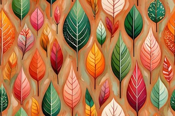 Colorful pattern of stylized leaves in various shapes and sizes with vibrant shades of green, orange, red, pink, and yellow on a warm background