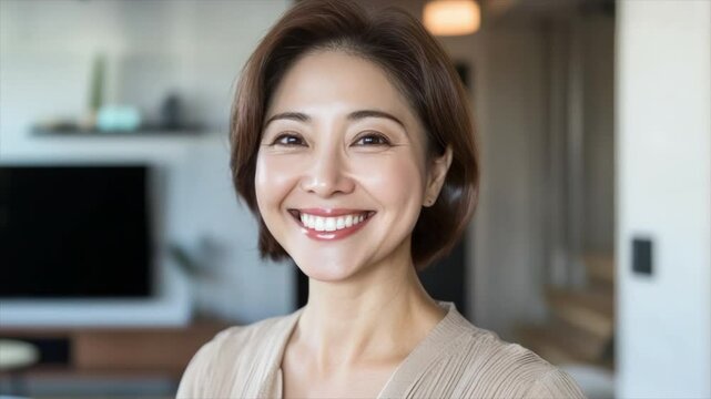 A 40 year old woman with a short hairstyle takes a selfie in the living room