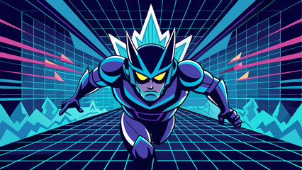A dynamic, retro-futuristic illustration of a superhero-like character in a dark, stylized suit with glowing accents and sharp features, running forward into a neon-grid cyberspace tunnel with vibrant