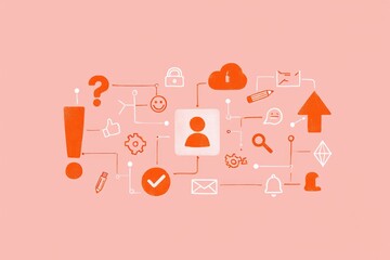 Conceptual illustration of social media and communication icons connected around a user profile symbol on a peach background expressing interaction and connectivity