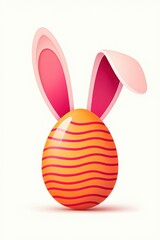 Colorful orange Easter egg with wavy red stripes and attached large pink and white bunny ears on a white background, playful and festive