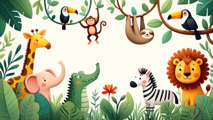 Cute cartoon jungle animals including giraffe, elephant, crocodile, zebra, lion, toucans, monkey, and sloth surrounded by lush green leaves with a cheerful and playful atmosphere