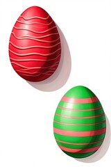 Two decorated Easter eggs casting shadows on a white surface, one red with wavy stripes and one green with horizontal pink stripes, bright and festive appearance