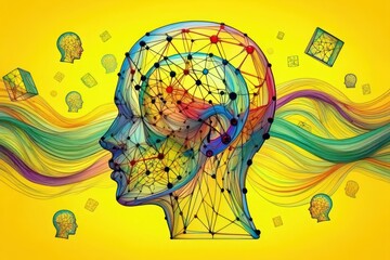 Colorful abstract human head with neural network connections and flowing multicolored lines on vibrant yellow background representing thought and intelligence