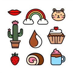 Colorful cartoon icons including red lips, rainbow with clouds, cute cat face, flowering cactus in pot, coffee bean, cupcake with heart, strawberry, rolled cake slice, and cup with whipped topping