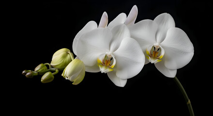 Elegant white orchid flowers blooming on a black background with green buds in a close-up botanical composition
