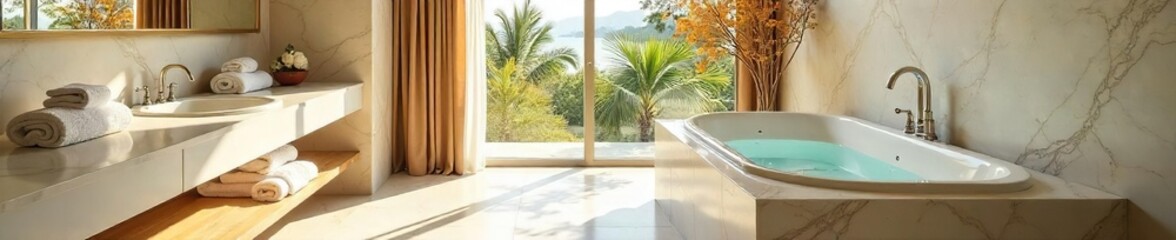 Indulge in tranquility A sun-drenched marble bathroom features a deep soaking tub, plush towels, and abundant natural light, embodying ultimate serenity and luxury , window, foam, water