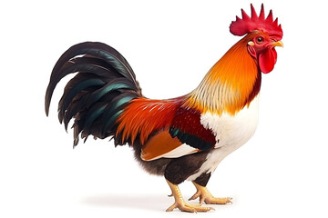 Fototapeta premium Vibrant Rooster with Striking Plumage Isolated on White Background Perfect for Farm Animal Stock Photography