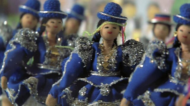 Miniature Doll Display of Bolivian Cholitas Dancing at Oruro Carnival - Cultural Exhibit - Close Up 