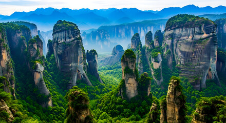 Majestic stone pillars and lush green forest with mountain layers in the background
