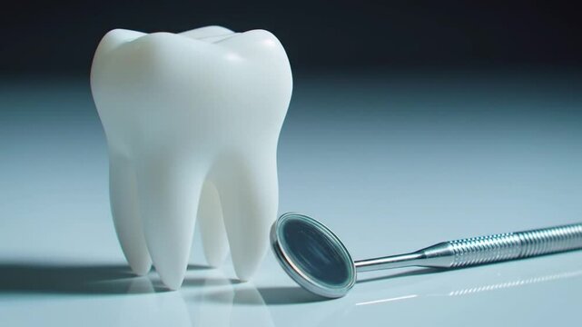 White Tooth Model Displayed with a Dental Mirror in a Clean Healthcare Setting Ideal for Dental Health Concepts