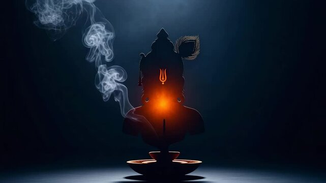 Mystical silhouette of Lord Shiva with glowing heart and sacred smoke, radiating divine energy in a dark spiritual setting

