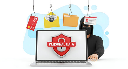 Hacker stealing personal data through phishing and identity theft on laptop computer