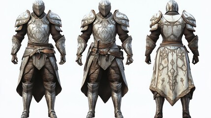 Medieval knight armor, three views, full body, detailed, light grey, brown, ornate,  fantasy,  illustration,  digital,