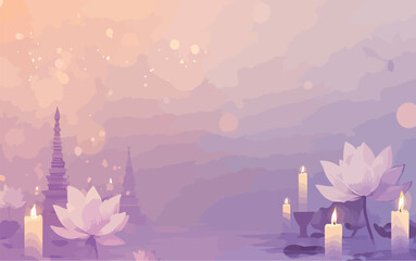 A serene purple lotus scene with candles and silhouettes of pagodas.