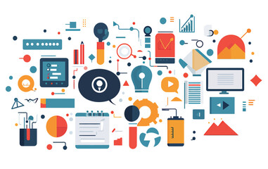 Colorful digital icons representing technology, innovation, and data analysis.