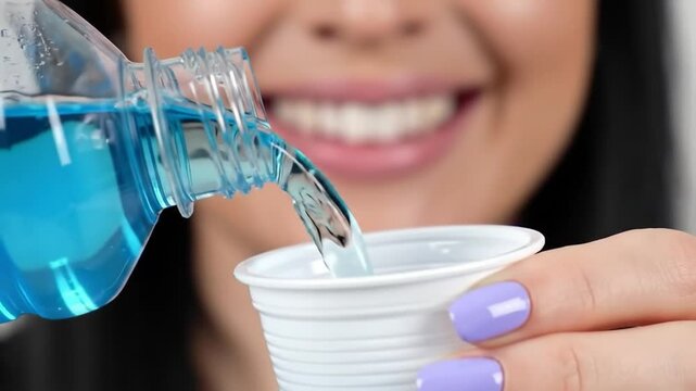 Woman Pouring Blue Mouthwash in Cup for Dental Hygiene on Bright Background