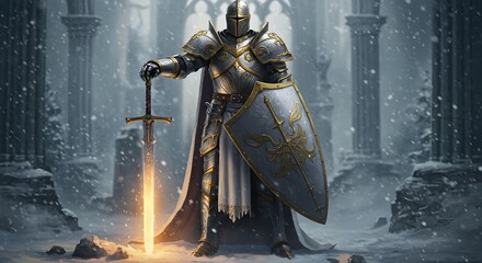 Armored knight guarding a glowing sword