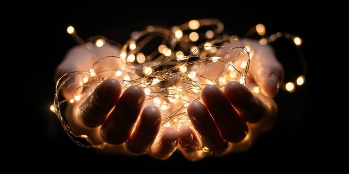 Hands gently cradling glowing string lights in darkness convey warmth and vulnerability