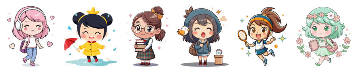 five distinct chibi girl characters, each engaged in a different activity or representing a unique theme. They are rendered in a charming, illustrative style with soft colors.