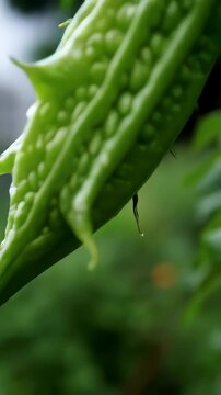 Close-up of a vibrant green bitter melon growing in a garden, showing textured skin and spikes, with a blurred background of foliage.