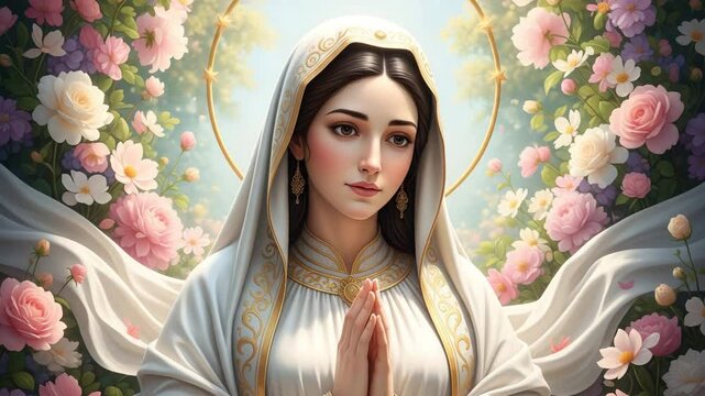 Holy woman surrounded by flowers and divine light, angelic presence in spiritual and sacred moment

