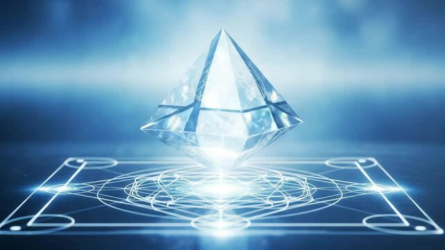 Crystal pyramid levitating over sacred geometric pattern, symbol of ascension, energy and higher consciousness

