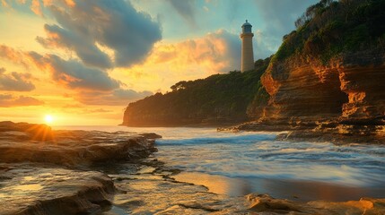Fototapeta premium A coastal scene depicts a lighthouse standing over ocean waves