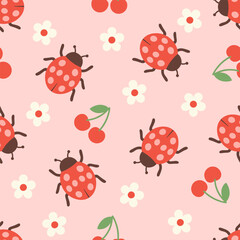 Cartoon ladybug seamless pattern with cherries and flowers on pink background.