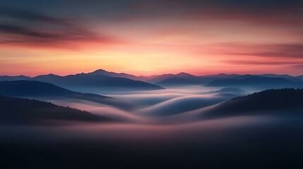 Obraz premium Misty mountains at sunrise with colorful sky.