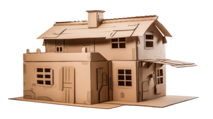 A cardboard house model with a chimney and multiple windows on a black isolated background studio shot