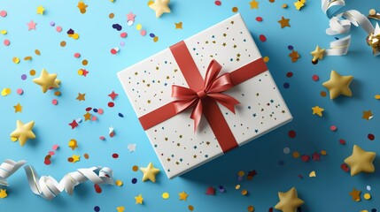 Obraz premium Colorful Gift Box with Red Ribbon Surrounded by Party Decorations