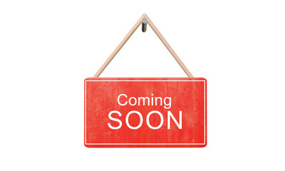 Coming soon text font calligraphy hand written lettering script red sign symbol white color store...