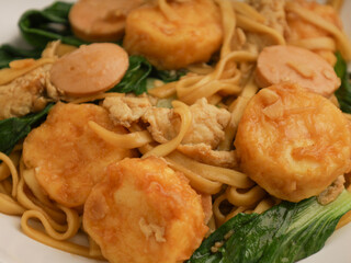 Fried noodle with tofu on white plate