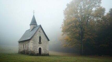 Obraz premium A small stone chapel sits surrounded by fog in a field