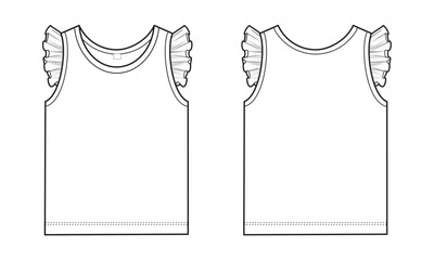 Flat technical sketch of a sleeveless blouse for a baby girl, shown in front and back views. Ruffle detail applied to the armholes, extending over the shoulders, adding a delicate and feminine touch. 