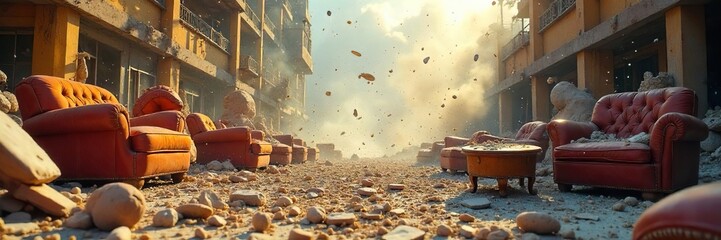 A chaotic scene of overturned furniture and shattered objects amidst a whirlwind of dust and debris, conveying raw, unrestrained fury and violent destruction , aggressive, upheaval, interior