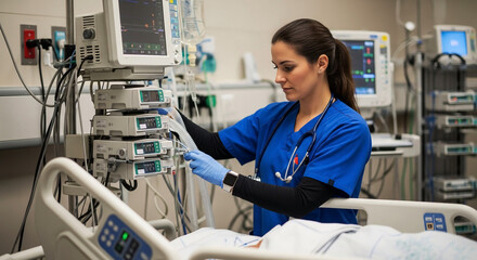 Female nurse in blue scrubs checking vital signs monitor and medical equipment