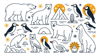 Fototapeta premium Arctic Wildlife Collection: Polar Bear, Puffin, Minimalist Line Art Graphics