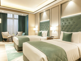 Fototapeta premium A clean and modern hotel room features two single beds with green accents, a comfy armchair, and ample natural light from a large window.