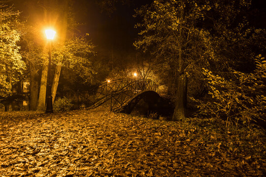 Park Zamkowy w Pszczynie nocą podczas jesieni