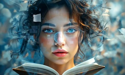 Young woman reading book with digital interface fragments surrounding her face representing imagination and artificial intelligence knowledge flow. Artificial intelligence and knowledge concept - Powered by Adobe