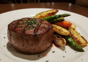 Juicy Grilled Beef Steak Served with Assorted Colorful Grilled Vegetables Like Carrots, Potatoes, and Asparagus in a Warm Restaurant Setting