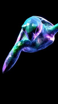 Abstract polygonal sea turtle with shimmering blue, green, and violet hues in a black background, evoking a geometric underwater dream.
