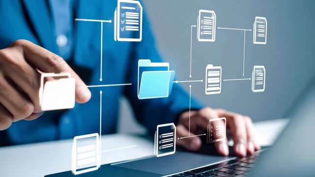 Man managing electronic files through digital network using laptop, processing data online, automating workflows, using innovative technology.