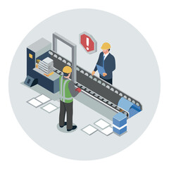 In an isometric cartoon, a production line malfunction threatens damage to engine parts during the automated manufacturing process in an industrial factory.