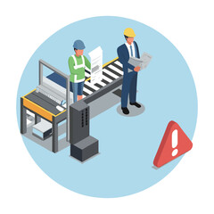 A cartoon shows an isometric factory where a production line malfunction could damage engine parts during the automated manufacturing process.