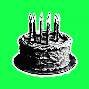 Retro birthday cake illustration animation, transparent 4K video, green screen