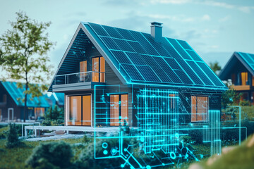 Solar panels glowing blue energy technology on rooftop smart modern home system representing renewable clean power. Neighborhood sustainability. 